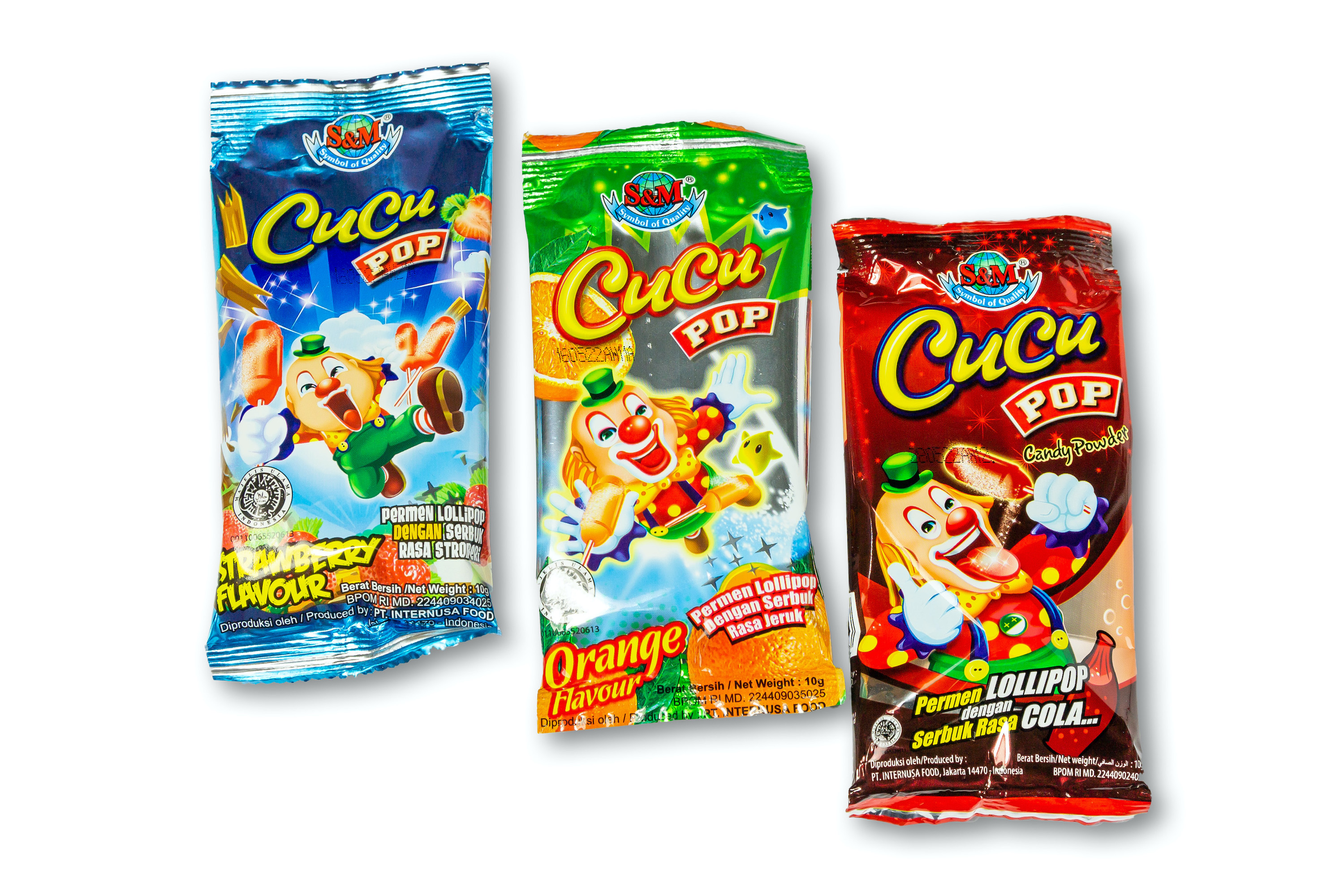 CUCU POP Lollipop A Juicy Lollipop to Sweeten Your Day!         Classic lollipops in dipping powder that come in an assortment of colours and enticing flavours—Strawberry, Orange, Cola and Milk—CUCU POP is great for special events or anytime you need a little boost to brighten up your day. It can be a sweet and tempting addition for your birthday cake decoration, competition prizes, snacks in waiting/meeting rooms, or to be included in party goodies. A tasty candy that will be loved by people of all ages.   Produced since 1997, it is best known for being the only lollipop with dipping powder in Indonesia’s market and thus has become a candy that many crave for! CUCU POP originally comes in fruity flavours but it has been expanded over the years to include the refreshing cola and creamy milk flavour. To prevent them from sticking together, CUCU POP is individually wrapped to ensure long-lasting enjoyment.  Whenever you are craving sweets, just grab a CUCU POP to satisfy your sweet tooth. Designed in fun and festive packaging with a burst of colours and its trademark for a funny clown image, CUCU POP is made for simple joy and pleasure, anytime and anywhere.   CUCUPOP Lollipop is manufactured by PT. Internusa Food, a modern and innovative confectionery and candy manufacturer in Indonesia with longstanding tradition of excellence. Competitively-priced to cater the middle-low market segments, PT. Internusa Food has produced well-known brands loved by the Indonesian customers and overseas markets over the years. The Company’s products have been exported to many countries in Southeast Asia, Asia Pacific, U.S.A, the Middle East and Africa. Its high-quality products follows the ISO 22000:2005 Food Safety Management System and the Indonesian Food and Drug Monitoring Agency (BPOM). All products are also Halal-certified by Indonesian Ulama Council (MUI). CUCU POP Lollipop is available for bulk purchasing with B2B wholesale price.   Package content: 10bags @20pcs @10g