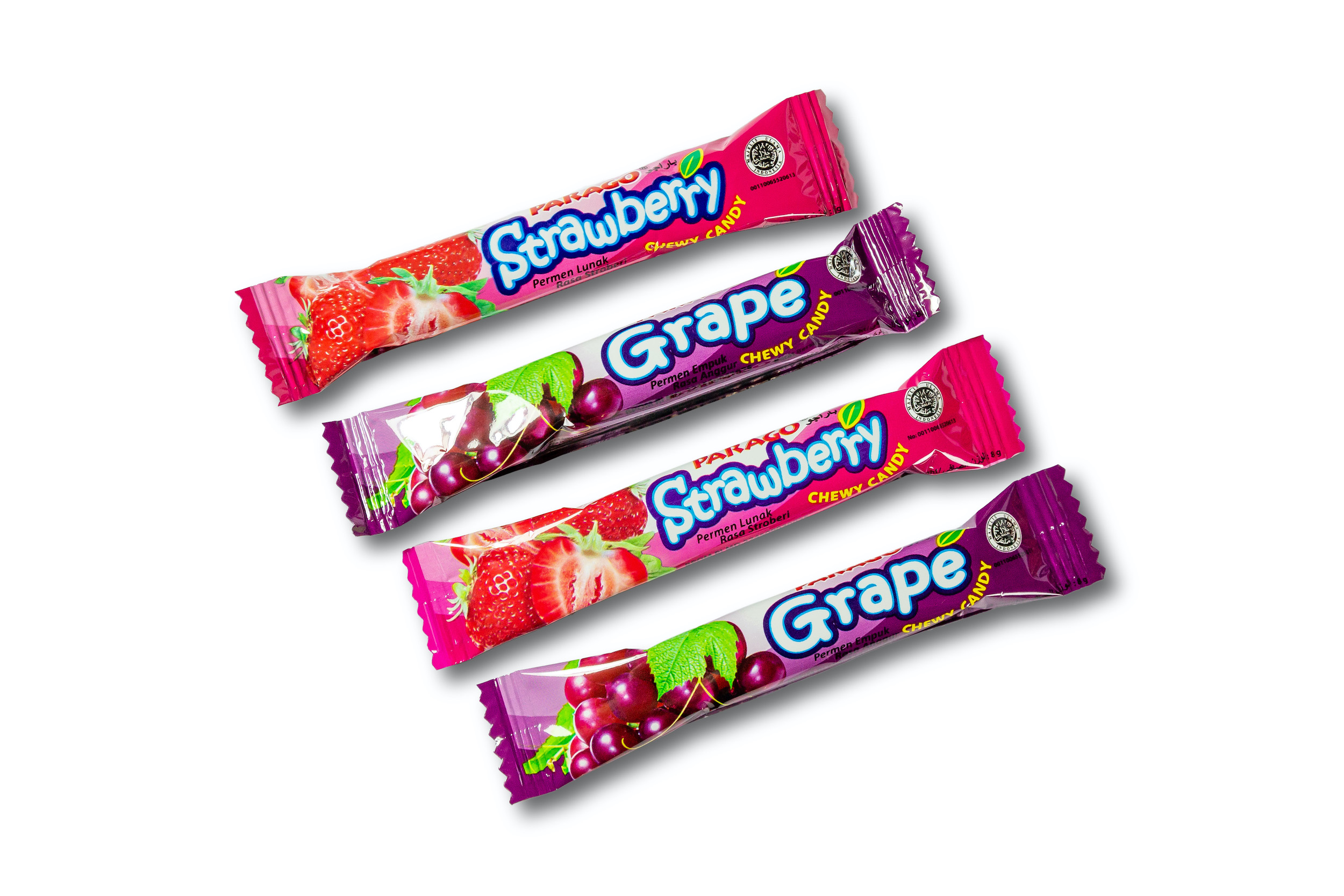 (Orange, Strawberry and Grape), menggunakan extract buah2xan asli  Fantastically fruity and mouth-watering delicious, Parago Chewy Fruits take on the classic chewy fruit candy made from real fruit extracts. Sweet or sour, you will be wowed by the rich, juicy fruit flavours from the moment you pop one in your mouth. A fresh and tasty snack for tossing in your bag, filling your candy jar, adding to your candy buffet tables, and more for everyone to share and enjoy.  Ingredients Glucose Syrup (Contain Preservative Sulphite), Sugar (Contain Preservative Sulphite), Vegetable Fat, Fruit extract (4%), Beef Gelatine stabilizer, Modified Tapioca Starch, Salt, Soya Lecithin emulsifier, Malic Acid acidity regulator, Nature identical flavour (Grape, Strawberry, Orange), Food Colourant (Ponceau 4R CI.16255 (E-124), Brilliant Blue CI. 42090 (E-133), Ponceau 4R CI.16255 (E-124), Sunset Yellow CI. 15985 (E-110), Tartrazine CI. 19140 (E-102))  Package content Parago Chewy Strawberry - 20boxes @80pcs @7g - 20boxes @80pcs @8g - 50bags @60g @3g - 20boxes @80pcs @6g  Parago Chewy Orange - 50bags @60g @3g  Parago Chewy Grape - 20boxes @80pcs @8g - 50bags @60pcs @3